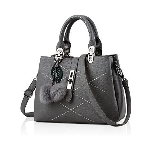 NICOLE & DORIS 2022 Neue Frauen Tasche Damen Leder Handtasche Mode Umhängetasche Mit Pompon abnehmbarem Schultergurt Handtasche Grau