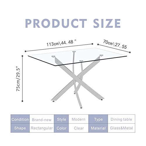 GOLDFAN Rechteckiger Esstisch aus Glas Moderner Küchentisch Glas Tisch mit Metallbeinen für Esszimmer Wohnzimmer Küche, Silber 110x70