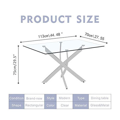 GOLDFAN Rechteckiger Esstisch aus Glas Moderner Küchentisch Glas Tisch mit Metallbeinen für Esszimmer Wohnzimmer Küche, Silber 110x70