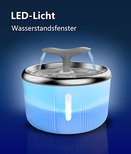 PewinGo Katzen Trinkbrunnen Edelstahl, Trinkbrunnen für Hunde Haustier Katzenbrunne rutschfest Automatisch Katze Wasserspender mit LED Nachtlicht, 4 Spielzeug and 1 Aktivkohlefilter - 2L