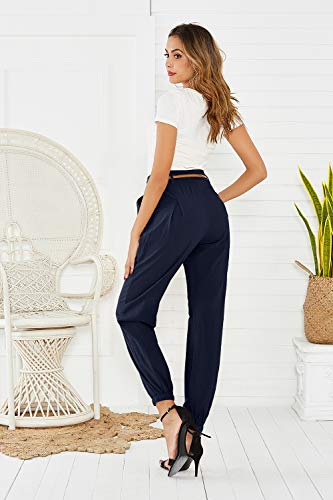 Cindeyar Damen Haremshose Elegant Pumphose Lange Leinen Hose mit Gürtel Aladin Pants (S, Dunkelblau)