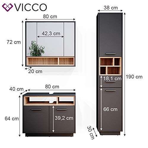 Vicco Badmöbel Set Beatrice Spiegelschrank Waschtischunterschrank Badschrank (3er-Set, Anthrazit-Sonoma)