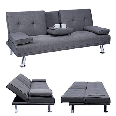 Mendler 3er-Sofa HWC-F60, Couch Schlafsofa Gästebett, Tassenhalter verstellbar 97x166cm - Textil, dunkelgrau