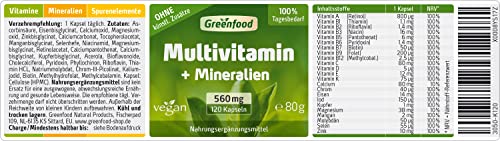 Multivitamin + Mineralien, 560 mg, hochdosiert, 120 Kapseln - alle wichtigen Vitamine (Tagesbedarf), Mineralien und Spurenelemente. Mit hoher Bioverfügbarkeit. OHNE künstliche Zusätze. Vegan.