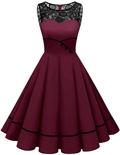 Bbonlinedress Weihnachtskleid Damen Winterkleid Abendkleider elegant für Hochzeit Jugendweihe Kleider Spitzenkleid Vintage Kleider Cocktailkleid Konfirmationskleider Burgundy XS