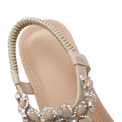 SANMIO Damen Sandals Bohemian Strass Flach Sandaletten PU Leder Zehentrenner, Beige-a, Gr.- 37 EU