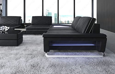 XXL Sofa Wohnlandschaft Ferrara das Ledersofa in U Form mit USB und Beleuchtung inklusive Kopfstützen Couch modern (Ottomane Links, Schwarz-Weiß)