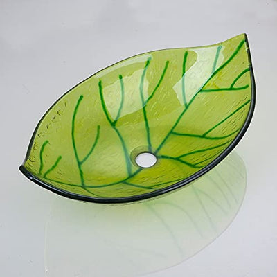 Green Leaf Waschbecken Wasserhahn Set aus gehärtetem Glas Schiff Vanity Green Leaf Form Becken Waschbecken Wasserfall Wasserhahn