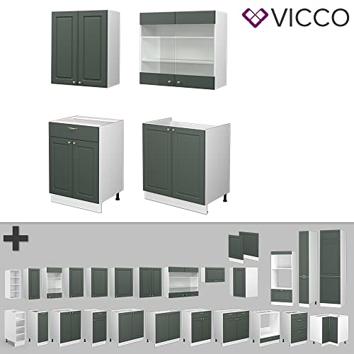 Vicco Küchenzeile Küchenblock Einbauküche Fame-Line Single Landhaus 140 cm modern Küchen Schränke Spülenunterschrank Schubunterschrank Hängeschrank Hängeglasschrank (Weiß-Grün-Gold)