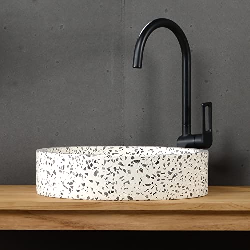 WOHNFREUDEN Terrazzo Waschbecken creme rund 40 cm - schwarz Naturstein Waschbecken Stein Becken Archi