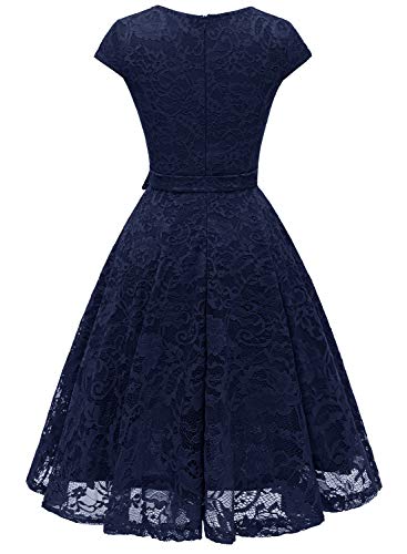 MuaDress 6008 Cocktailkleid Knielang Cape Ärmel Spitzen Brautjungfernkleid Floral Elegant Marineblau S