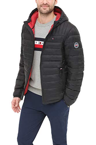 Tommy Hilfiger Herren Wasserabweisende Jacke mit Kapuze Daunenalternative Mantel, schwarz, Large