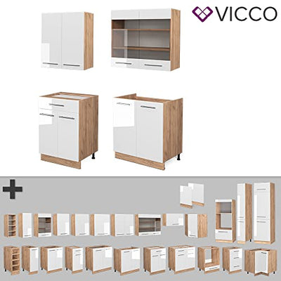 Vicco Küchenzeile Küchenblock Einbauküche Fame-Line Single 140 cm modern Küchen Schränke Spülenunterschrank Schubunterschrank Hängeschrank Hängeglasschrank Hochglanz (Eiche-Weiß Hochglanz)