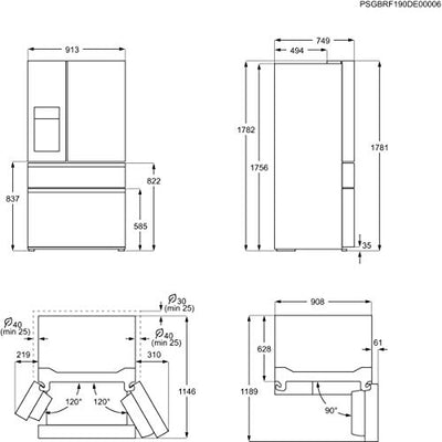 AEG RME954F9VX French-Door Kühlschrank/WiFi-Vernetzung / 1782 mm/Gefrierschublade unten/Wasserspender / 541 L/CustomFlex – flexibles Türablagesystem/Farbe: Edelstahl-Türen/A+