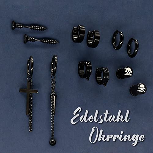 LIHELEI 20 Pcs Herren Edelstahl Ohrringe, Schwarz Ohrringe Punk Ohrringe Kreuz Feder Ohrstecker Creolen hypoallergen Set für Männer Damen