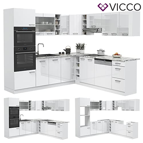 Vicco Küchenzeile Einbauküche Küchenschränke R-Line Weiß Küchenmöbel (Weiß Hochglanz mit Arbeitsplatte, Ecke 247x237 cm)