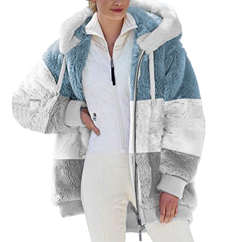 EMATOP Damen Kapuzenjacke Teddy Fleece Plüschjacke Farbblock Winterjacke Warm Mantel Casuale Zip Hoodie Cardigan Outwear Plüsch Verdickt Jacke Elegant Softshelljacke Große Größe Fleecejacke