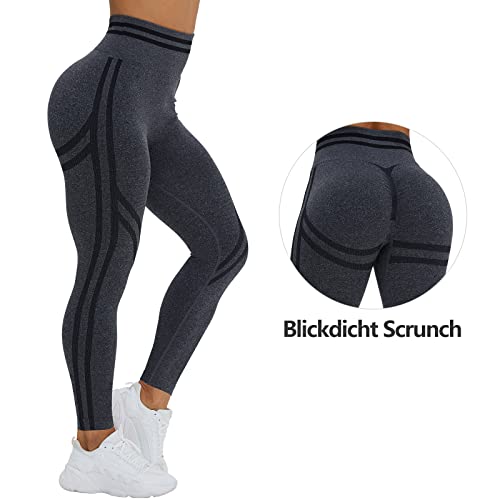 TAYOEA Sport Leggings Damen Leggins High Waist Sporthose Slim Fit Laufhose Sportleggings Po Push Up Yoga Pants Yogahose Tights Fitnesshose Anti Cellulite Nahtlos Lang Fitness Joggen Streifen Grau XL