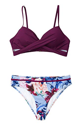 CUPSHE Damen Bikini Set Push Up Crossover Bikinioberteil Strandmode Zweiteiliger Badeanzug Violett S