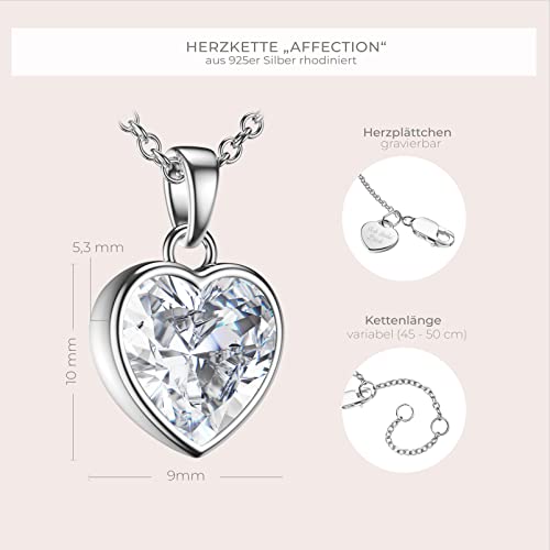 Herzkette Halskette Damen Silber 925 | Frauen Kette mit Anhänger Herzanhänger | Silberkette mit Zirkonia-Herz | Schmuck-Geschenk Freundin mit Gravur