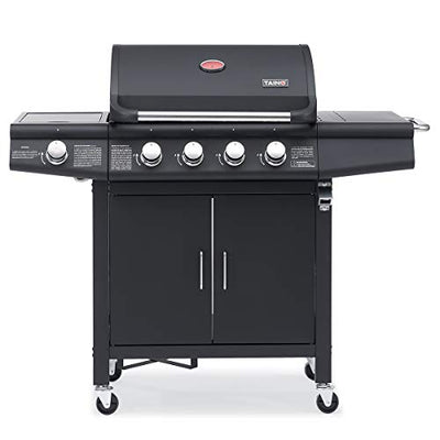 TAINO RED 4+1 Grillwagen BBQ Edelstahl-Brenner Gasgrill schwarz inkl. Zubehör Abdeckplane Haube Gasregler