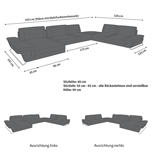 XXL Sofa Wohnlandschaft Bari in Leder Sofa mit USB-Anschluss Kopfstützen LED-Licht Ledersofa Designersofa Couch (Ottomane Links (auf Sofa blickend), Weiss)