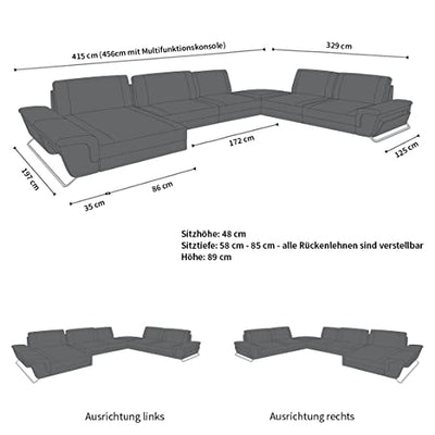 XXL Sofa Wohnlandschaft Bari in Leder Sofa mit USB-Anschluss Kopfstützen LED-Licht Ledersofa Designersofa Couch (Ottomane Links (auf Sofa blickend), Weiss)