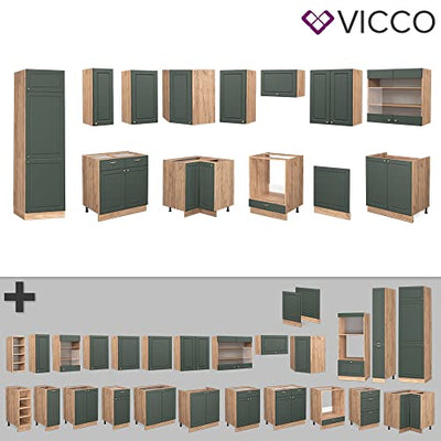 Vicco Eckküche Küchenzeile Einbauküche Fame-Line Landhaus 227x287 cm Spülenunterschrank Schubunterschrank Eckunterschrank Herdumbauschrank Hängeschrank Kühlumbauschrank (Eiche-Grün-Gold)