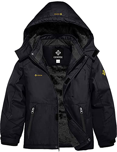 GEMYSE Jungen Wasserdichte Skijacke Winddichte Fleece Outdoor Winterjacke Regenjacke mit Kapuze (Schwarz,116-122)