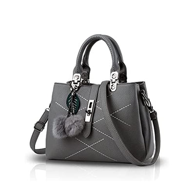 NICOLE & DORIS 2022 Neue Frauen Tasche Damen Leder Handtasche Mode Umhängetasche Mit Pompon abnehmbarem Schultergurt Handtasche Grau