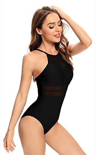 SHEKINI Damen Einteiliger Badeanzug Retro Masche-Design Verstellbar Rückenfrei Slim Bauchweg Bademode High Neck Einteiliger Swimsuit（S, Schwarz）