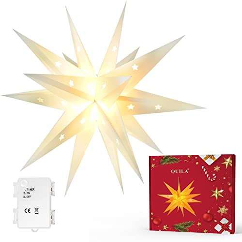 Weihnachtsstern 3D Leuchtstern, OUILA Φ45cm LED Beleuchtet Weihnachtsstern Batteriebetrieben mit Timer für Weihnachtsdeko Außen Innen Dekorative Leuchten Weihnachtsgeschenk Christbaumschmuck 3000K