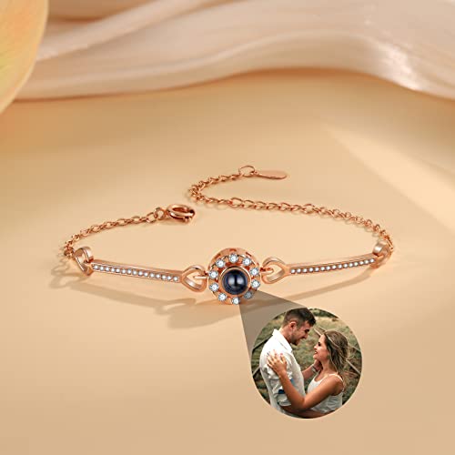 kaululu Personalisierte Armbander mit Foto Projektion Bild Herz Anhänger für Damen Versilbert Rosegold Schmuck Geschenk für Mutter und Tochter Frauen Frau Muttertag Weihnachtstag