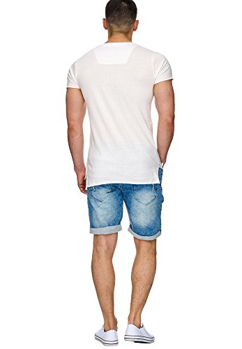 Indicode Herren Piano Sweatshorts mit 5 Taschen aus 82% Baumwolle | Kurze Hose Used-Look Shorts Denim-Optik Short Sweat Pants Washed Destroyed Jeans-Look Freizeithose für Männer Denim Blue L