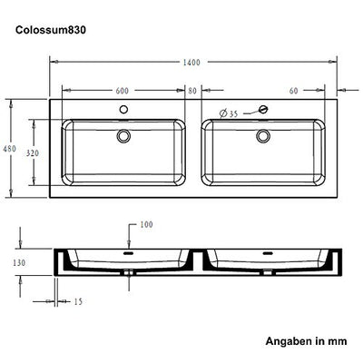 doporro Doppelwaschbecken BTH: 140x48x13 cm Partner-Waschbecken aus Gussmarmor Anthrazit (Matt)