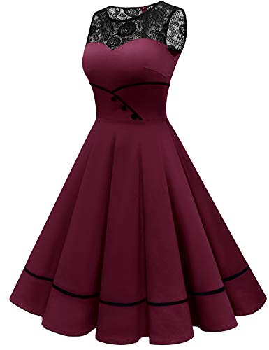 Bbonlinedress Weihnachtskleid Damen Winterkleid Abendkleider elegant für Hochzeit Jugendweihe Kleider Spitzenkleid Vintage Kleider Cocktailkleid Konfirmationskleider Burgundy XS