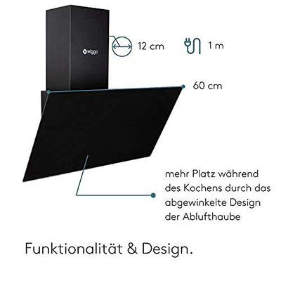 Wiggo Dunstabzugshaube 60cm kopffrei I Abluft Umluft Dunstabzug 300m³/h - LED Touch-Display 3 Stufen I Schräghaube inkl. Fettfilter & 2x Kohlefilter I Abzugshaube mit Glasfront schwarz