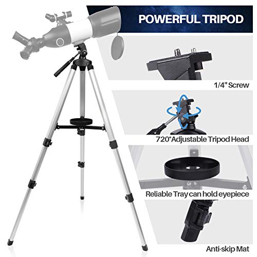 Teleskop für Erwachsene und Kinder, Anfänger, 3 drehbare Okulare, 80 mm Blende, astronomisches Refraktations-Teleskop, HD hohe Vergrößerung, tragbar und ausgestattet mit Handy-Foto-Adapter.