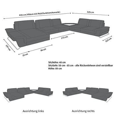 XXL Sofa Wohnlandschaft Ferrara das Ledersofa in U Form mit USB und Beleuchtung inklusive Kopfstützen Couch modern (Ottomane Links, Schwarz-Weiß)