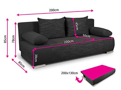 Schlafsofa Naki - Sofa mit Schlaffunktion und Bettkasten, Bettsofa, Couchgarnitur, Couch, Sofagarnitur, Bett (Schwarz + Schwarz (Alova 04 + Berlin 02))