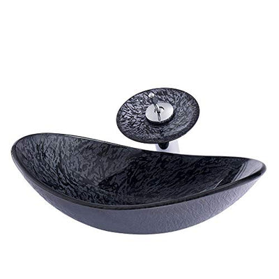 HomeLava Gehärtetes Glas Waschbecken Set Oval Schwarz mit Wasserfall Armatur Set und Abflussgarnitur Set