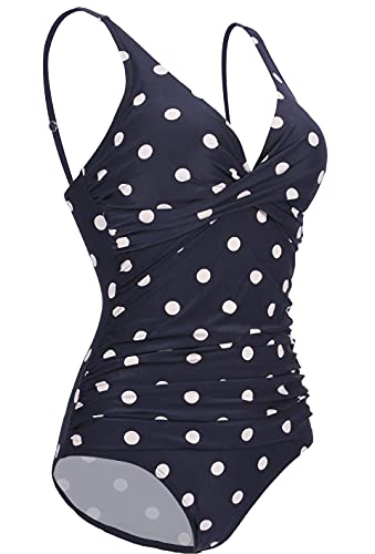 GOTIMAL V Ausschnitt Badeanzug Damen Push up Bademode bauchweg Strandmode sportlich Schwimmanzug Dunkel Blau gepunktet XL