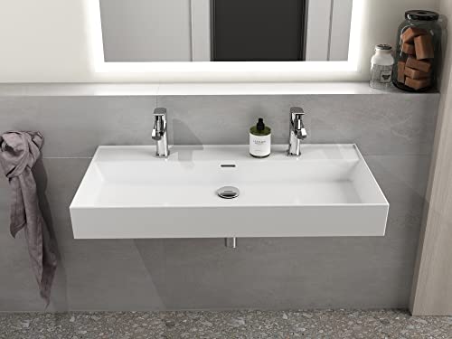 AQUA BAGNO Design Doppelwaschbecken im modernen Stil, Wand Waschbecken in Weiß, Waschtisch aus Keramik | 1004 x 465 x 130 mm