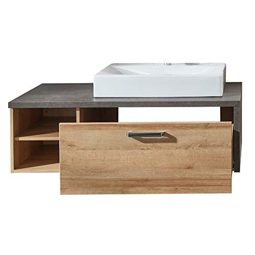 trendteam Badezimmer Waschbeckenunterschrank Unterschrank Bay, 123 x 39 x 53 cm in Korpus Beton Stone Dekor, Front Eiche Riviera Honig inkl. Waschbecken