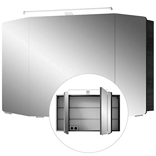 Badmöbel Set, Eiche graphit Struktur, Spiegelschrank mit LED Beleuchtung, 101cm Waschtisch-Unterschrank mit Waschbecken, Hochschrank, Schubladen & Türen mit Softclose-System, B/H/T: 187/200/50,5 cm