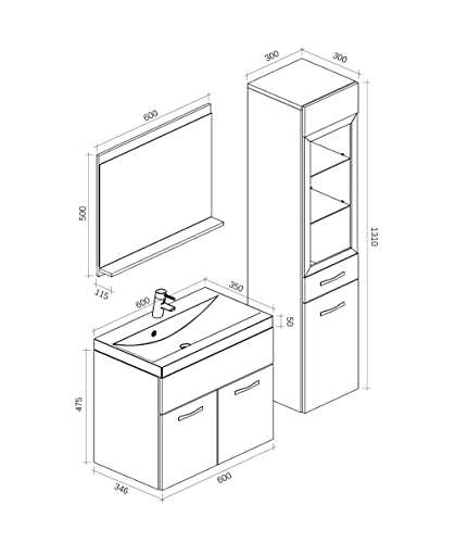 Badezimmer Badmöbel Set Rio XL LED 60cm Waschbecken Braun Eiche - Unterschrank 2X Hochschrank Waschtisch Möbel