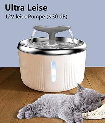 PewinGo Katzen Trinkbrunnen Edelstahl, Trinkbrunnen für Hunde Haustier Katzenbrunne rutschfest Automatisch Katze Wasserspender mit LED Nachtlicht, 4 Spielzeug and 1 Aktivkohlefilter - 2L