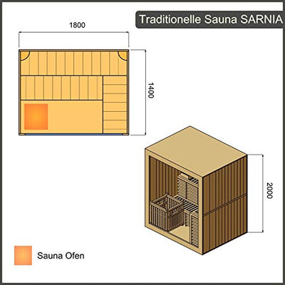 Dewello Finnische Sauna Sarnia 180x140 Kabine aus Hemlock Tannenholz mit 6KW HARVIA Ofen inkl. komplettem Zubehör