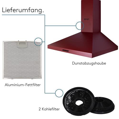 Wiggo Dunstabzugshaube 60cm I Wandhaube für Abluft oder Umluft Dunstabzug 300m³/h mit LED-Beleuchtung & 3 Leistungsstufen I Wandhaube inkl. Fettfilter & 2x Kohlefilter I Abzugshaube Rot