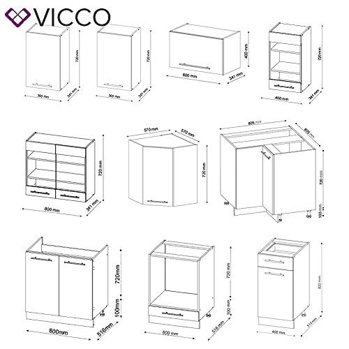 Vicco Eckküche Küchenzeile Einbauküche Fame-Line Landhaus 190 cm Schubunterschrank Spülenunterschrank Eckunterschrank Herdumbauschrank Hängeglasschrank Hängeschrank (Eiche-Grün-Gold)